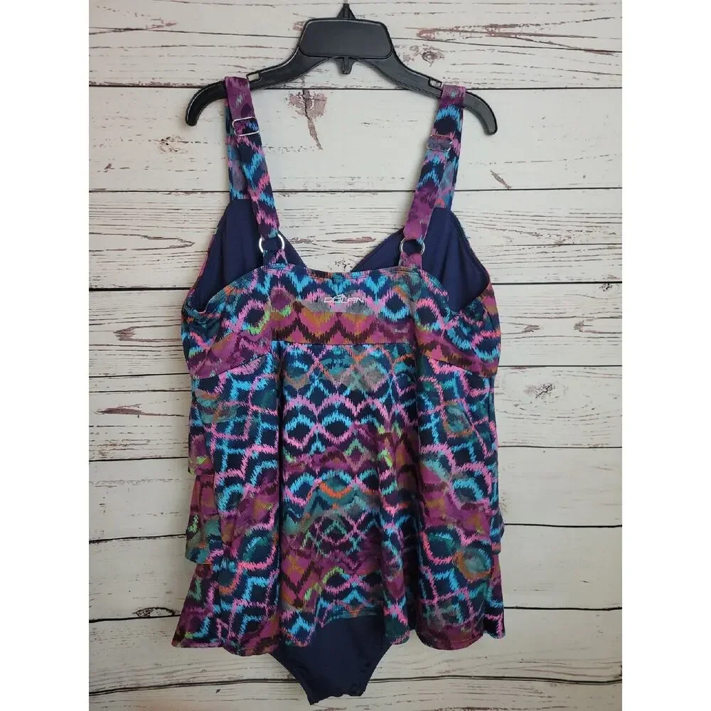 Dolfin Blue Ikat Ruffle Tiered One Piece Beach Swimdress Women's Size 48/22
